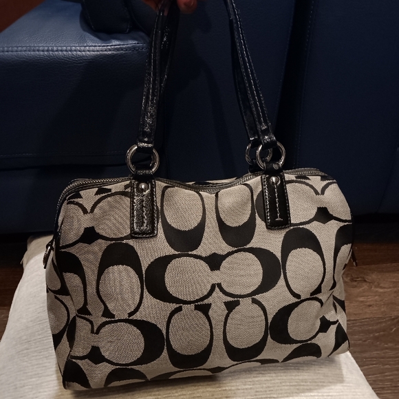 COACH Signature Stripe Black & Gray Handbag Satchel Purse - Picture 2 of 6